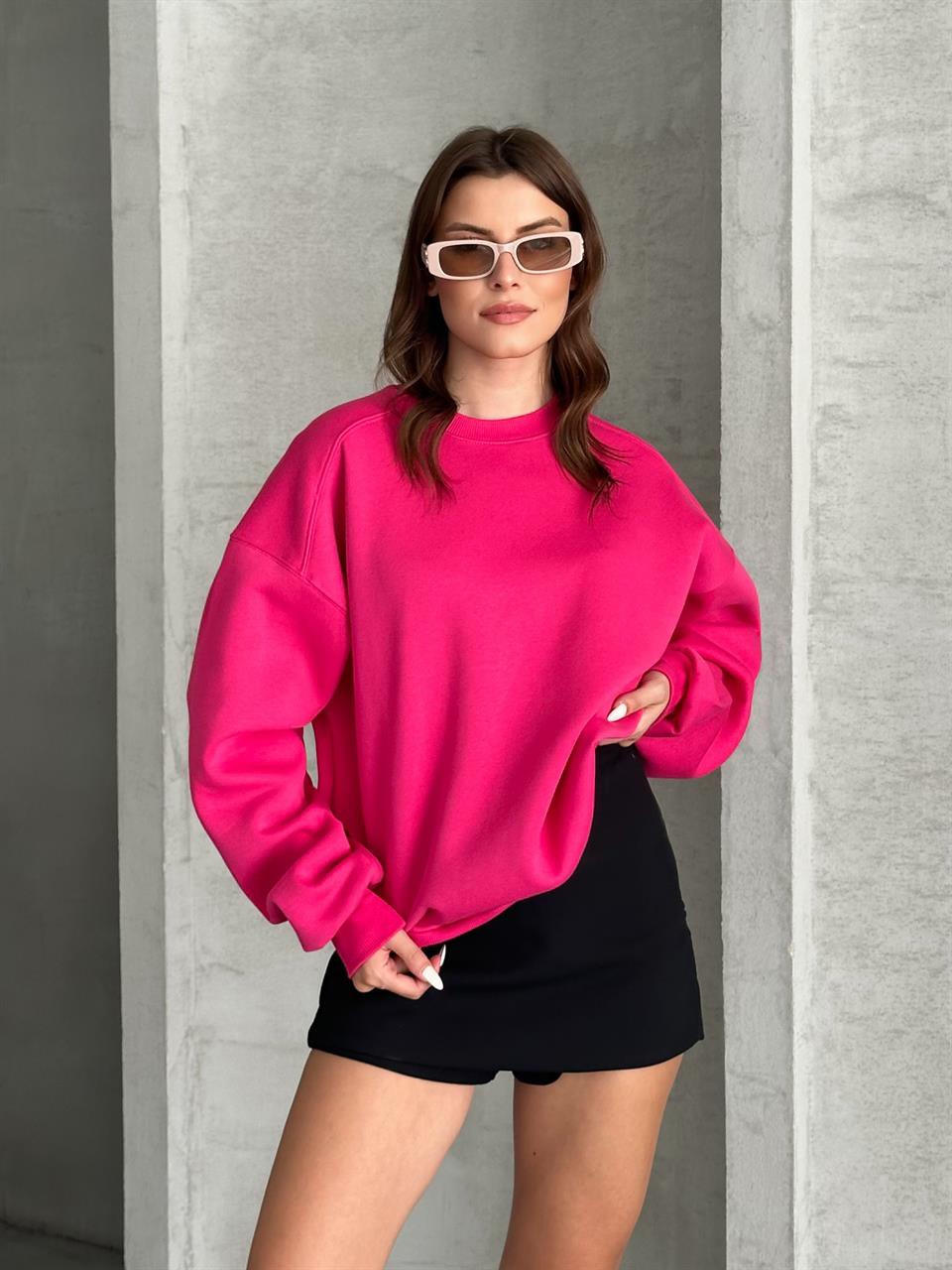 Unisex Düz Fuşya Sweatshirt