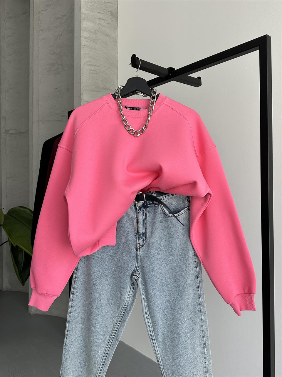 Unisex Düz Fuşya Sweatshirt