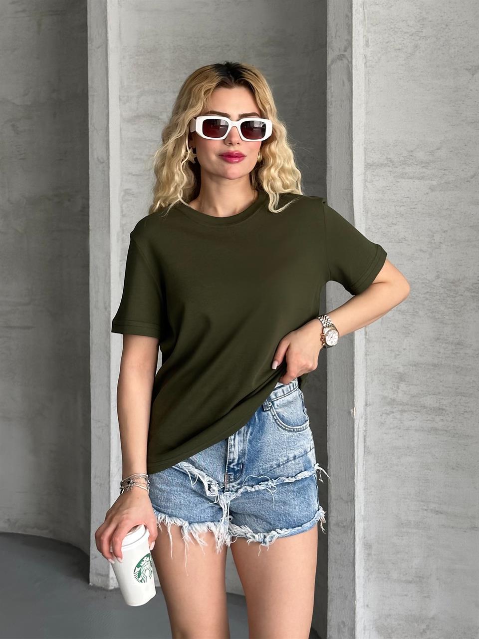 Unisex Düz Haki Tişört