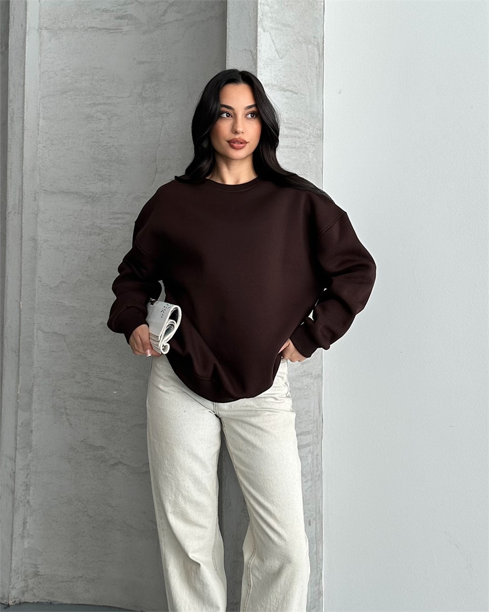 Unisex Düz Kahverengi Sweatshirt