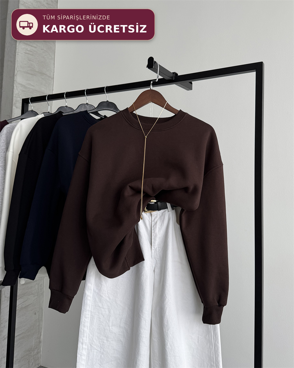 Unisex Düz Kahverengi Sweatshirt