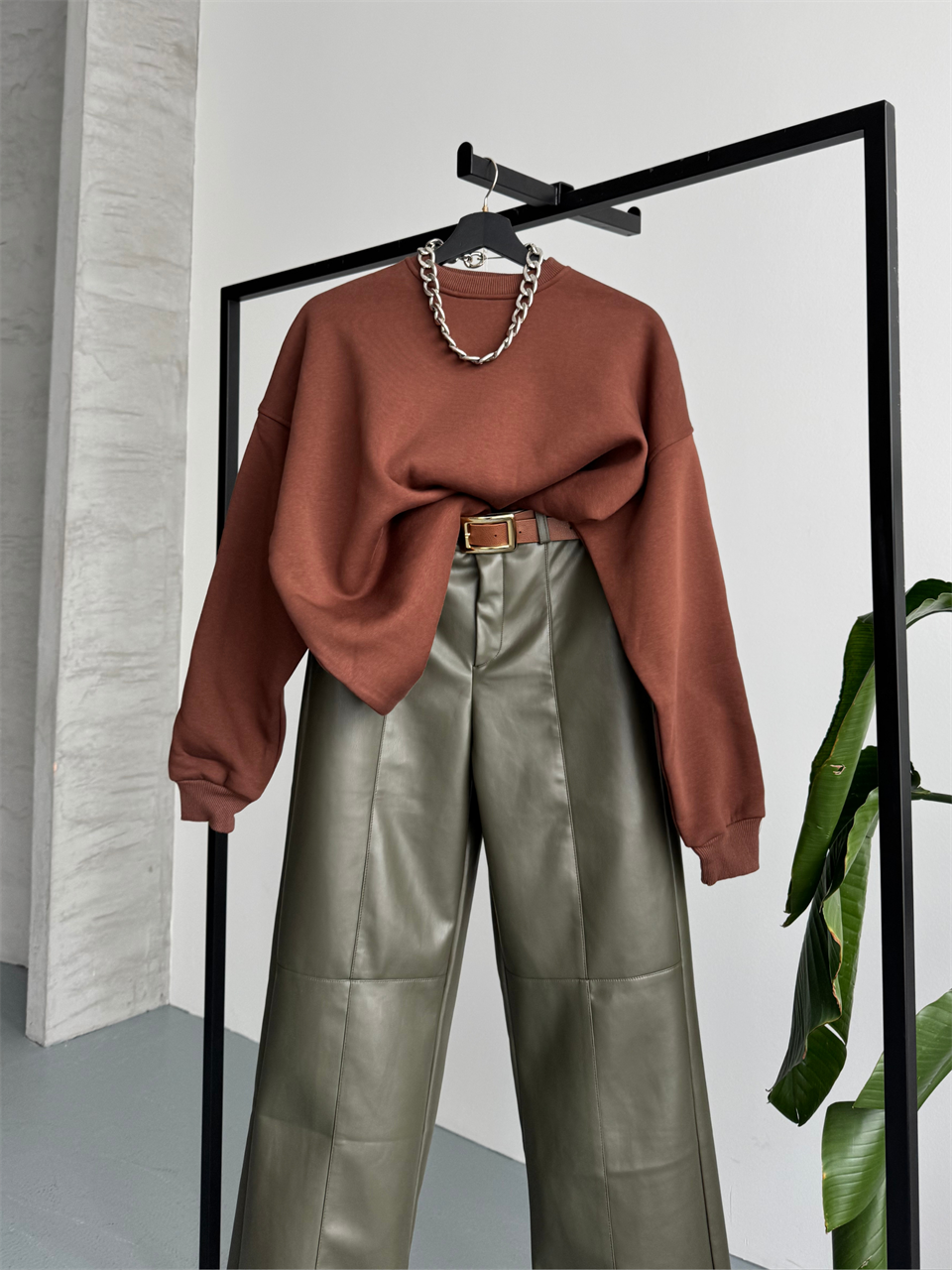 Unisex Düz Kahverengi Sweatshirt