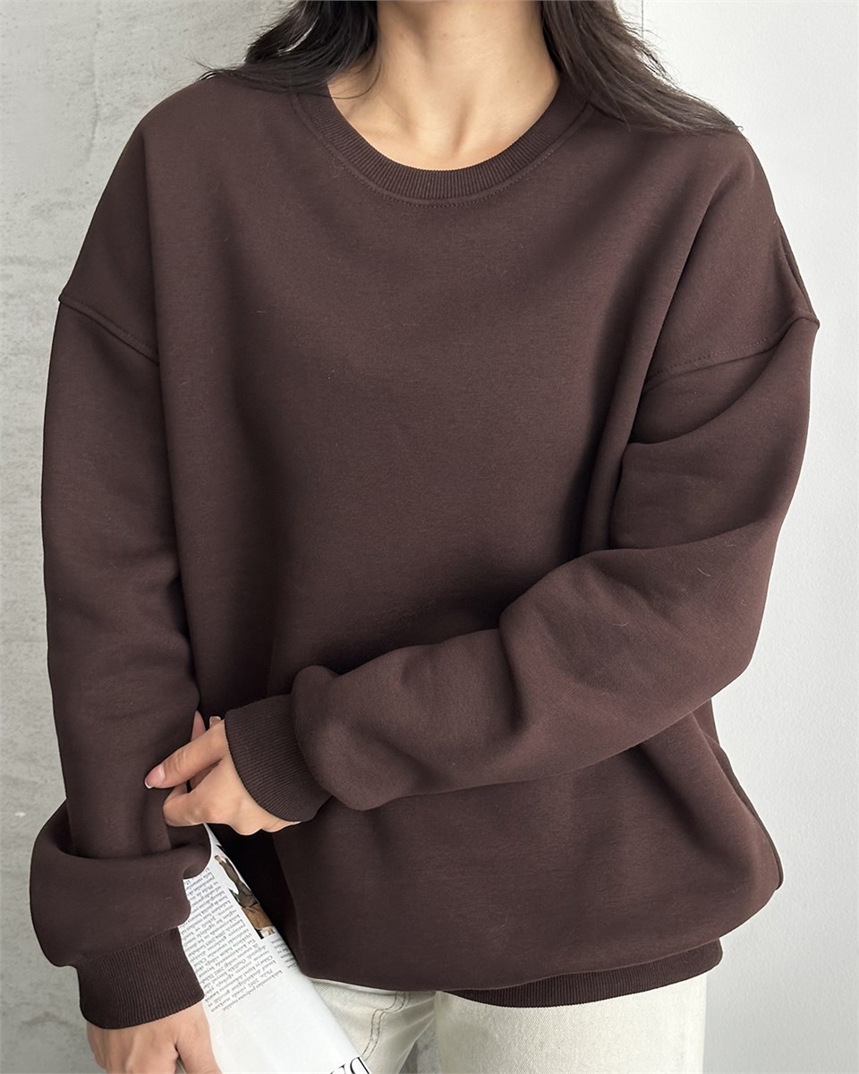 Unisex Düz Kahverengi Sweatshirt