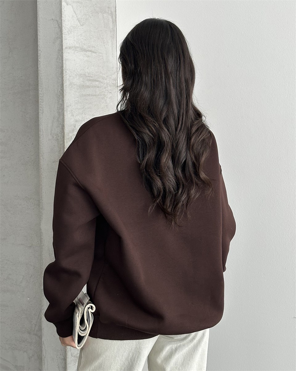 Unisex Düz Kahverengi Sweatshirt