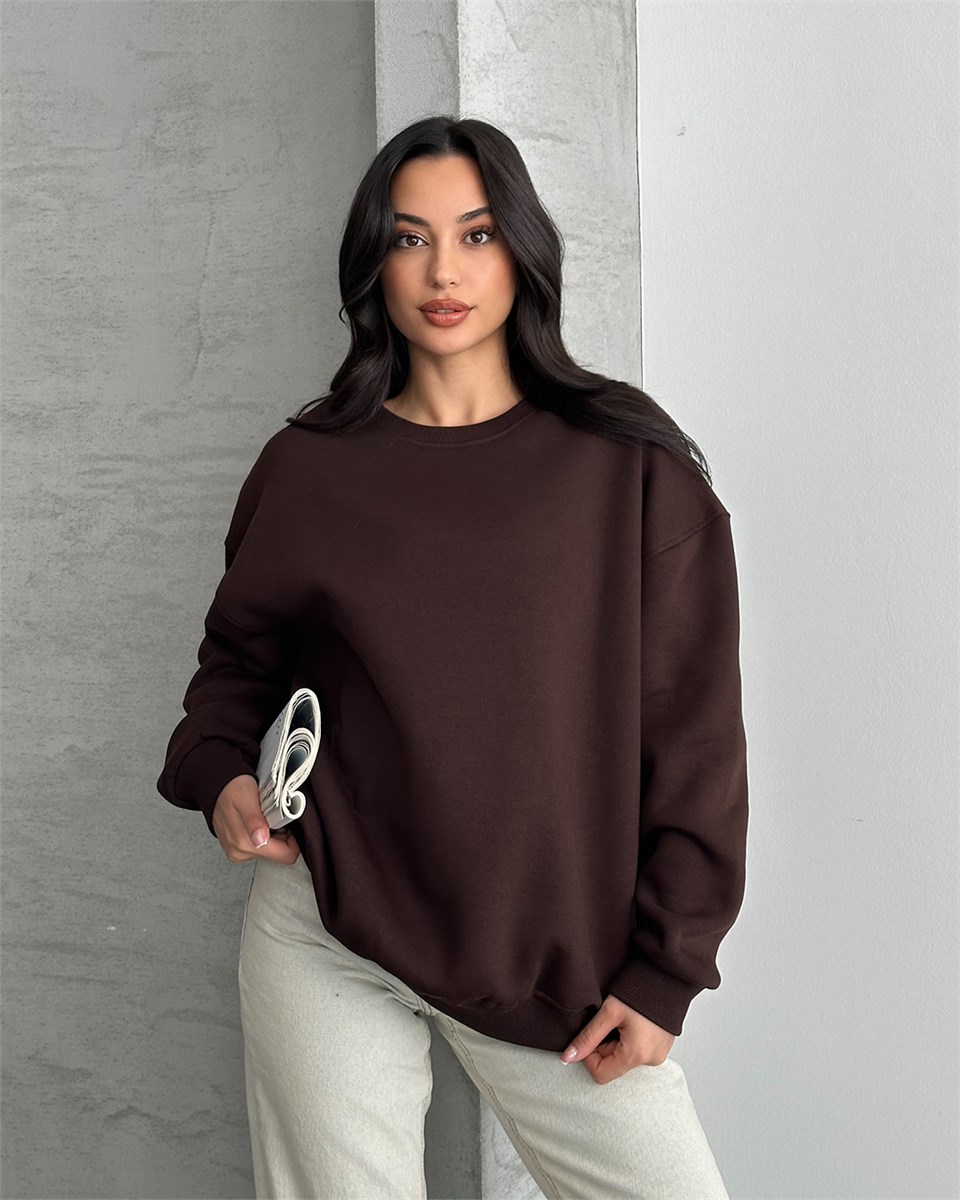 Unisex Düz Kahverengi Sweatshirt
