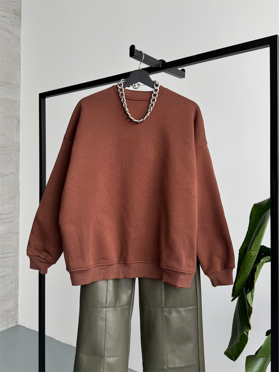 Unisex Düz Kahverengi Sweatshirt