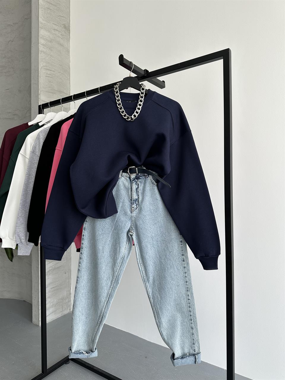 Unisex Düz Lacivert Sweatshirt