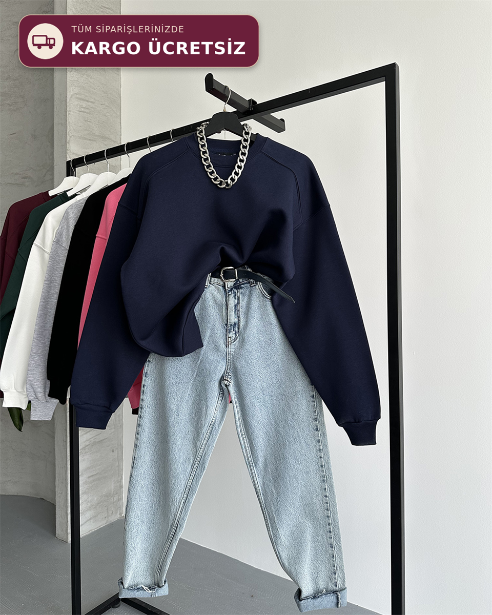 Unisex Düz Lacivert Sweatshirt