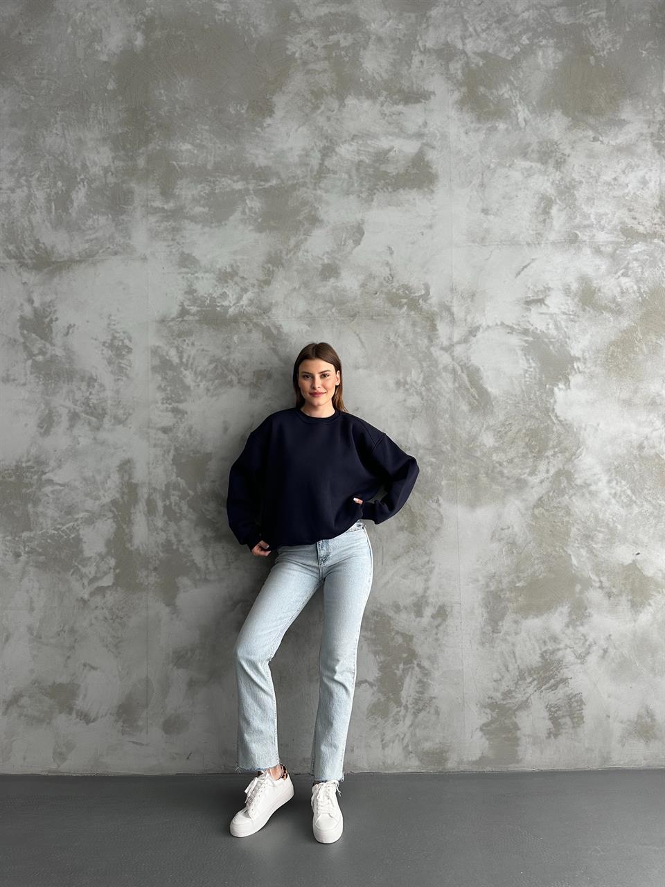 Unisex Düz Lacivert Sweatshirt