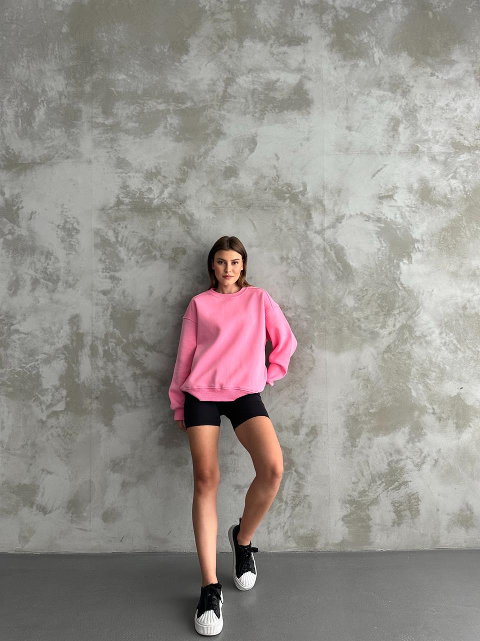 Unisex Düz Pembe Sweatshirt