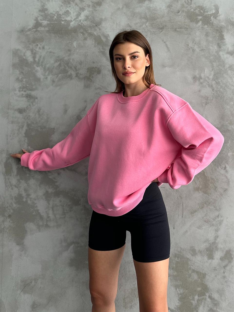 Unisex Düz Pembe Sweatshirt