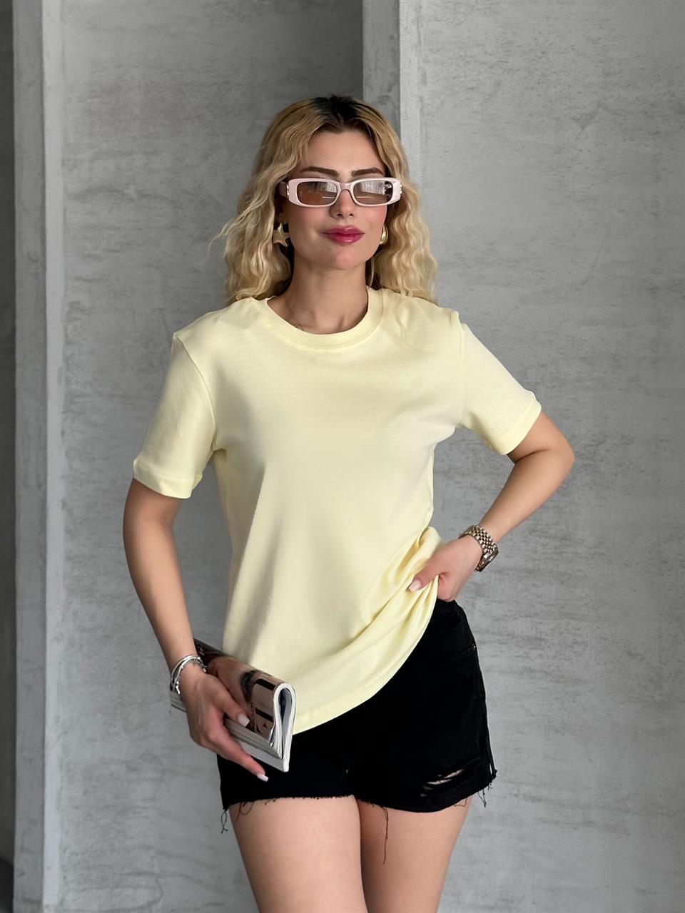 Unisex Düz Sarı Tişört