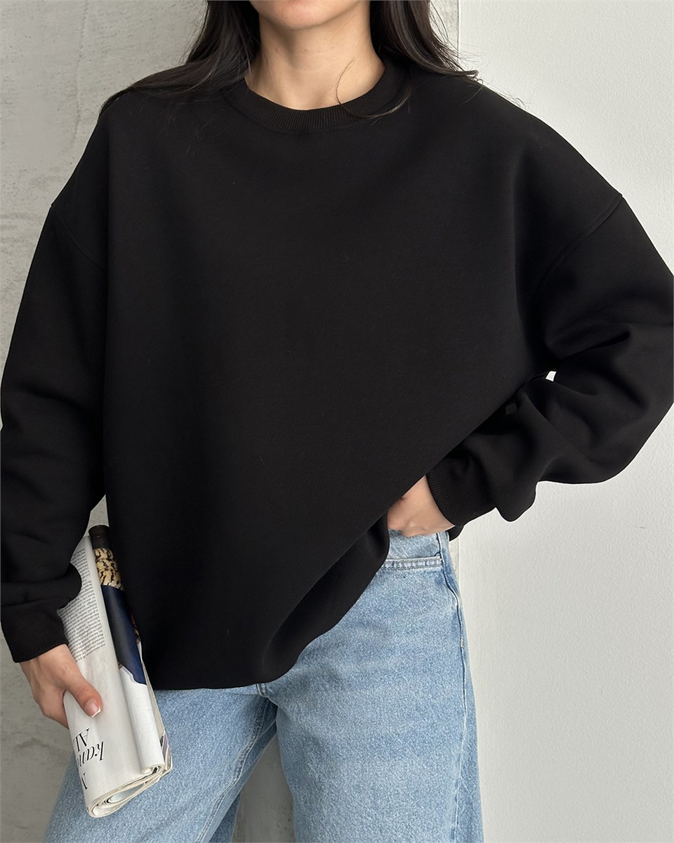 Unisex Düz Siyah Sweatshirt