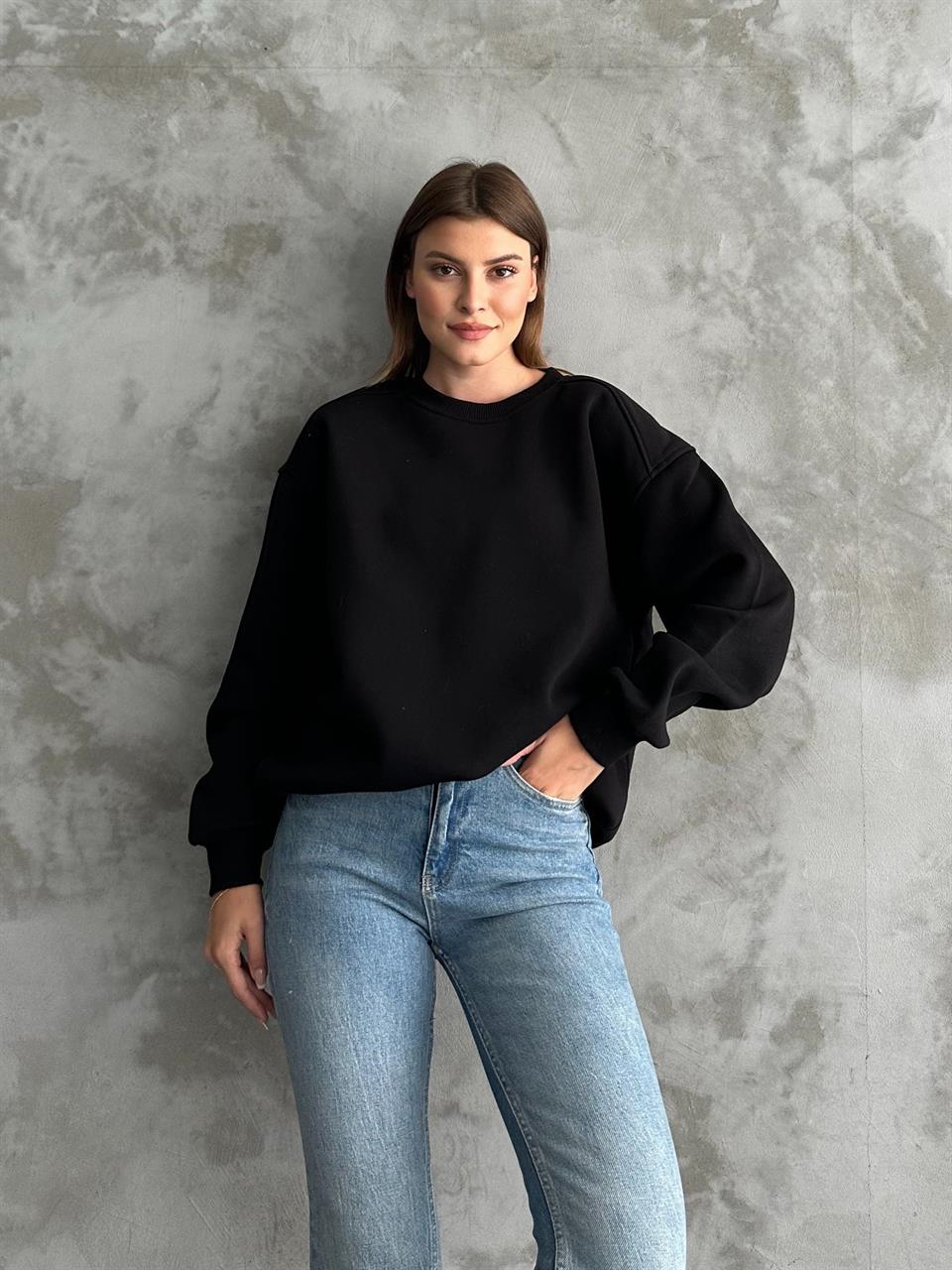 Unisex Düz Siyah Sweatshirt