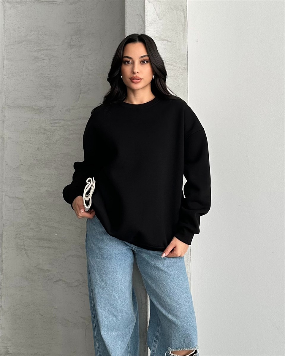 Unisex Düz Siyah Sweatshirt