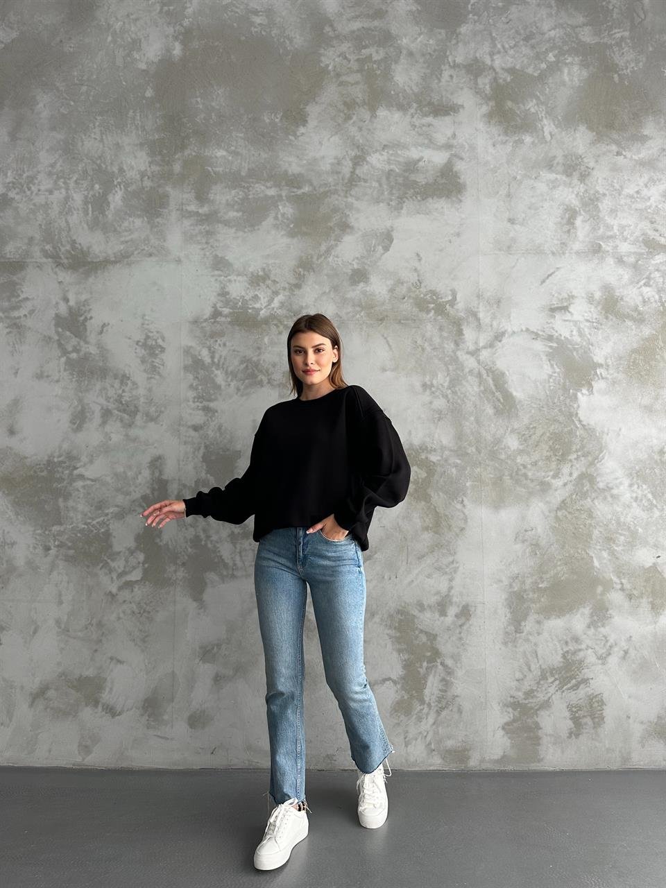 Unisex Düz Siyah Sweatshirt