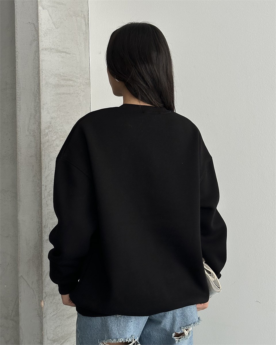 Unisex Düz Siyah Sweatshirt