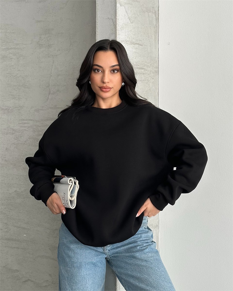 Unisex Düz Siyah Sweatshirt