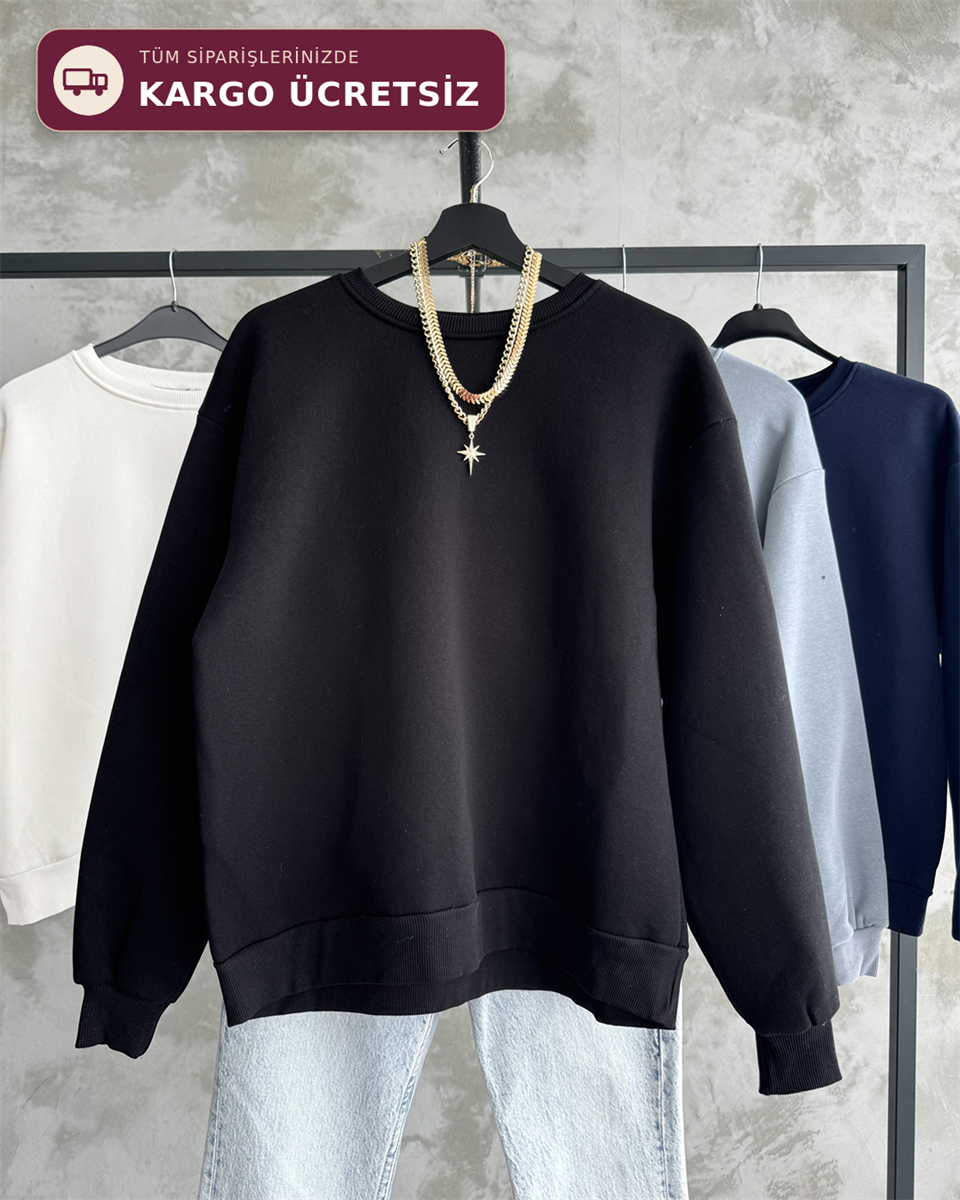 Unisex Düz Siyah Sweatshirt