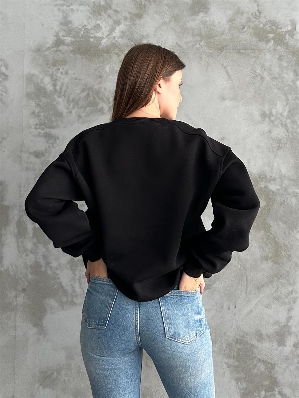 Unisex Düz Siyah Sweatshirt