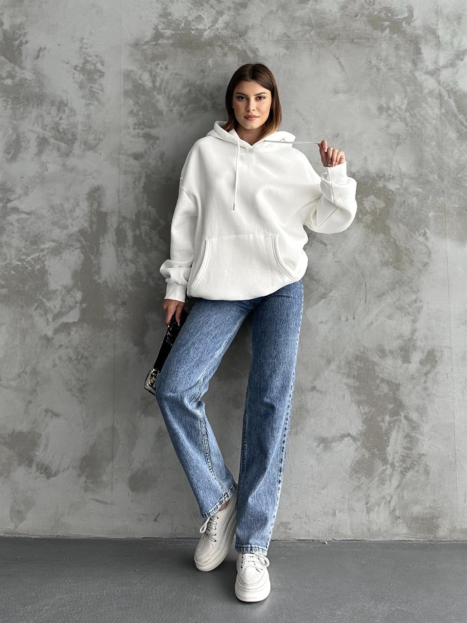 Unisex Kanguru Cepli Kapüşonlu Beyaz Sweatshirt