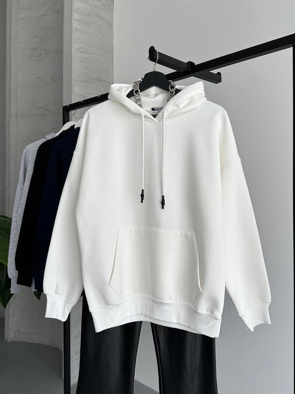 Unisex Kanguru Cepli Kapüşonlu Beyaz Sweatshirt