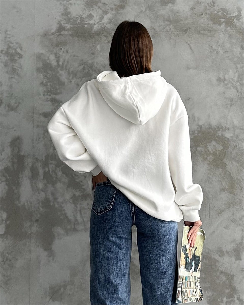 Unisex Kanguru Cepli Kapüşonlu Beyaz Sweatshirt
