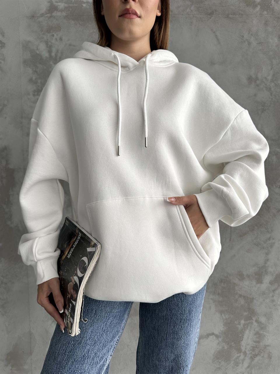 Unisex Kanguru Cepli Kapüşonlu Beyaz Sweatshirt