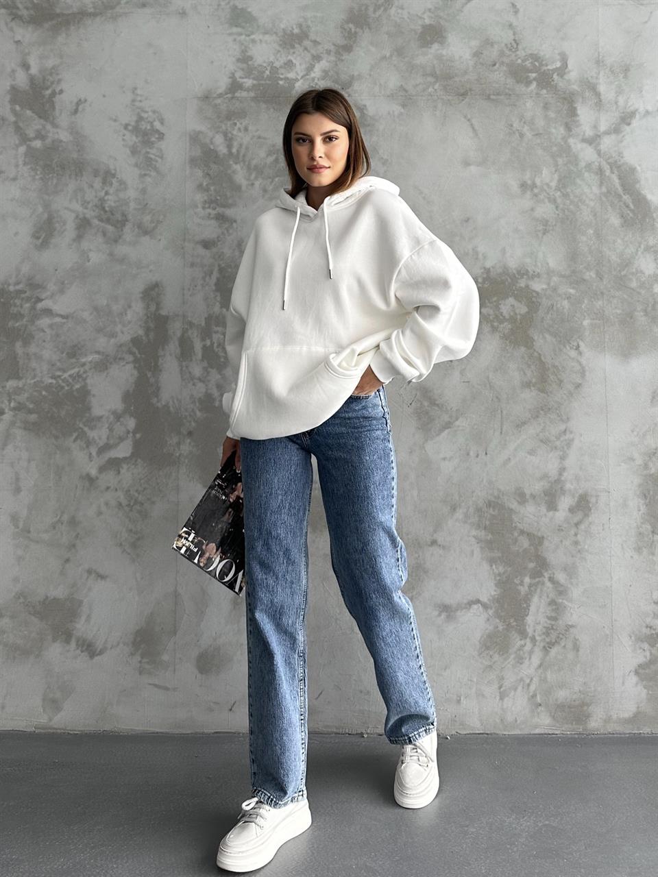 Unisex Kanguru Cepli Kapüşonlu Beyaz Sweatshirt