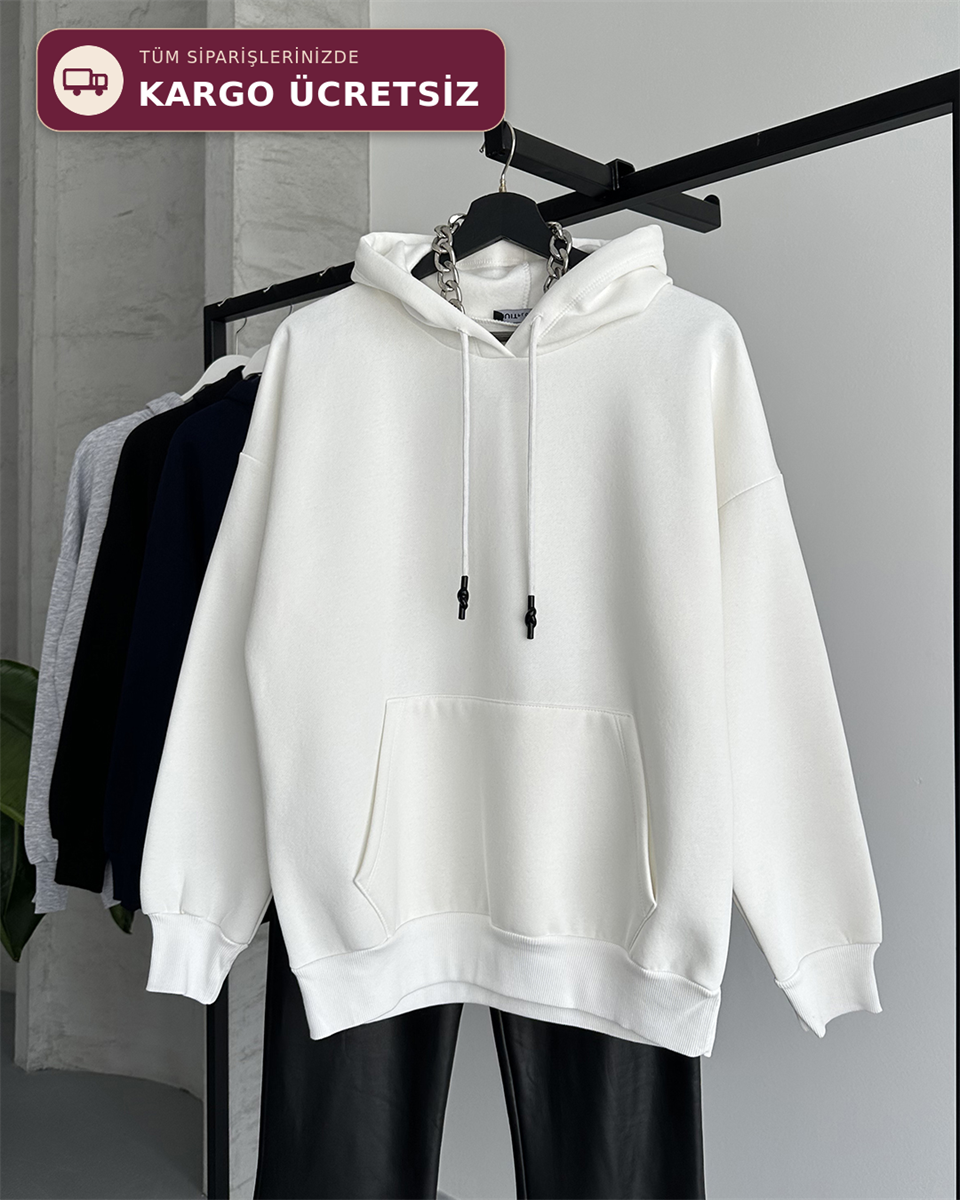 Unisex Kanguru Cepli Kapüşonlu Beyaz Sweatshirt