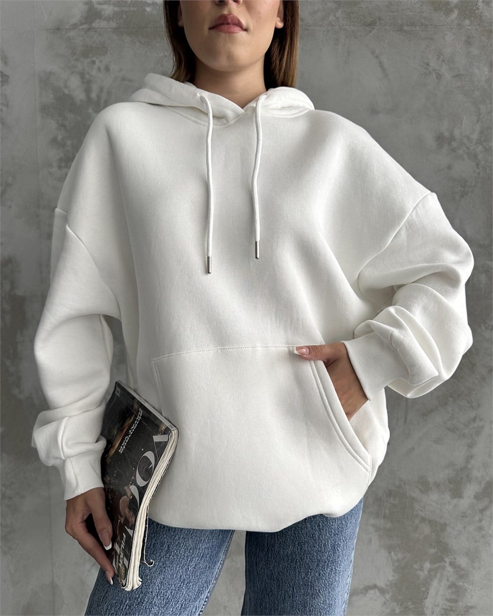 Unisex Kanguru Cepli Kapüşonlu Beyaz Sweatshirt