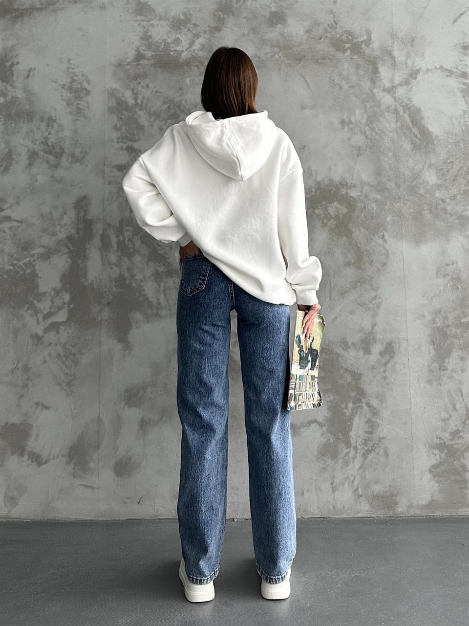 Unisex Kanguru Cepli Kapüşonlu Beyaz Sweatshirt