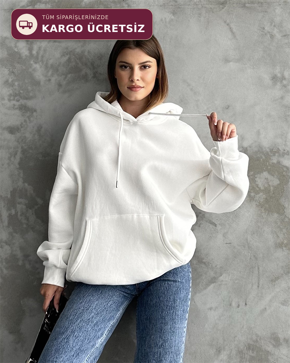 Unisex Kanguru Cepli Kapüşonlu Beyaz Sweatshirt