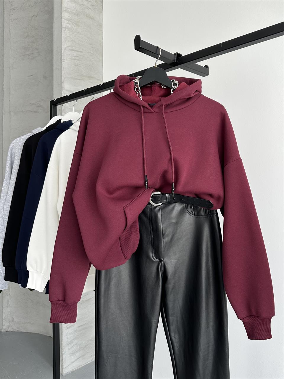 Unisex Kanguru Cepli Kapüşonlu Bordo Sweatshirt