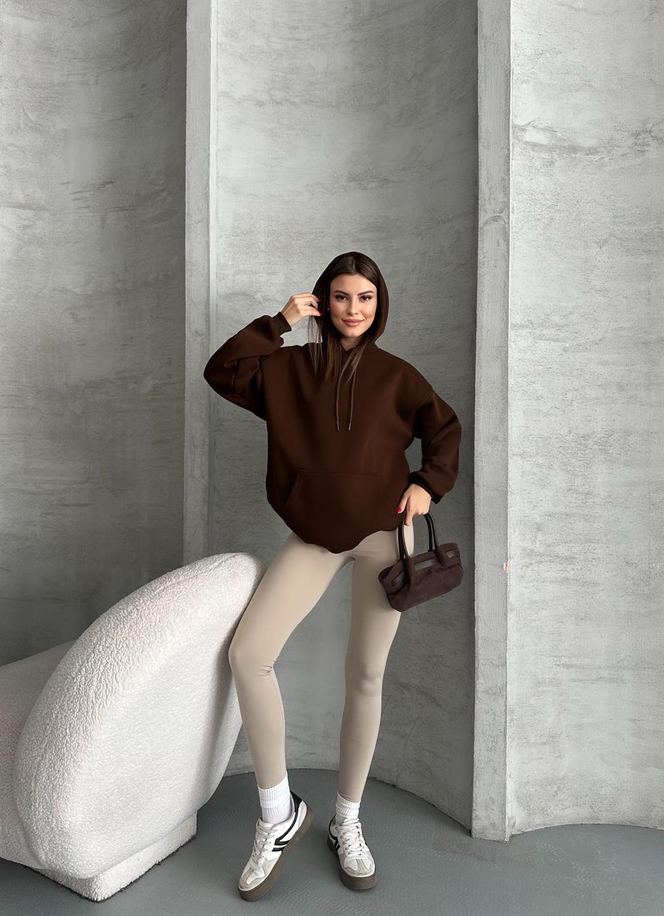 Unisex Kanguru Cepli Kapüşonlu Kahverengi Sweatshirt