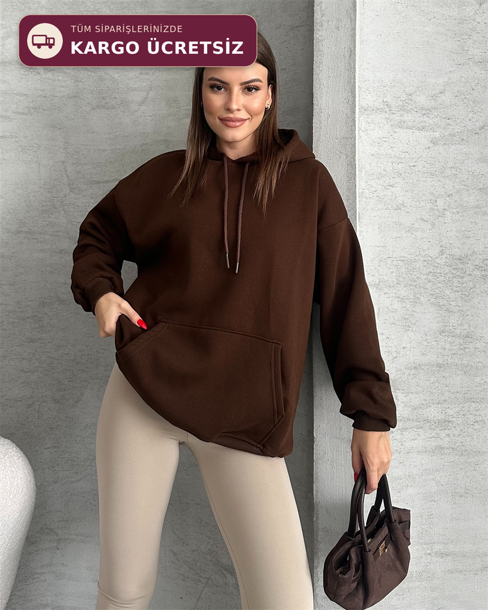 Unisex Kanguru Cepli Kapüşonlu Kahverengi Sweatshirt