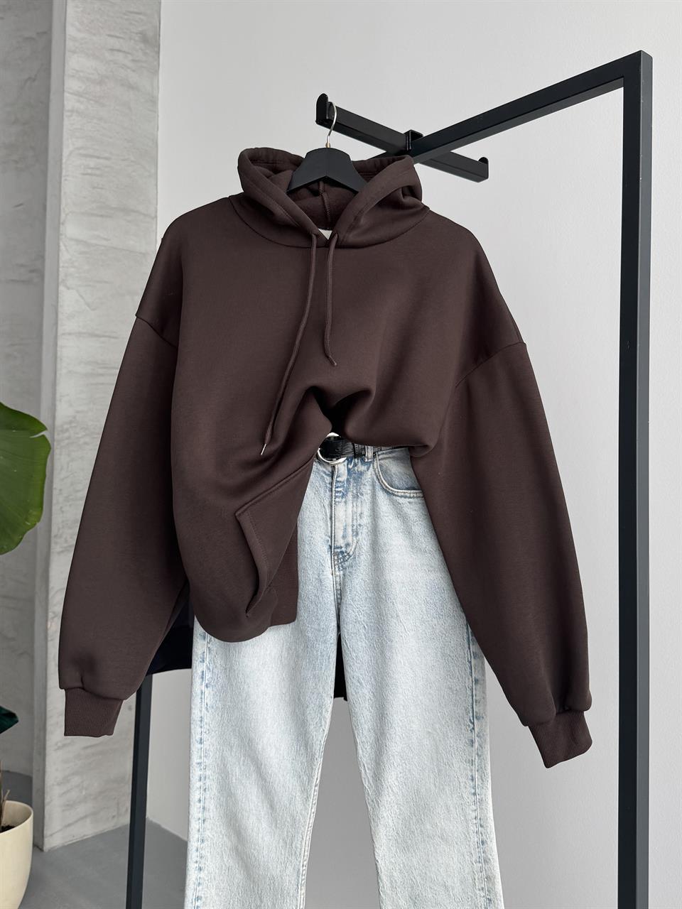 Unisex Kanguru Cepli Kapüşonlu Kahverengi Sweatshirt