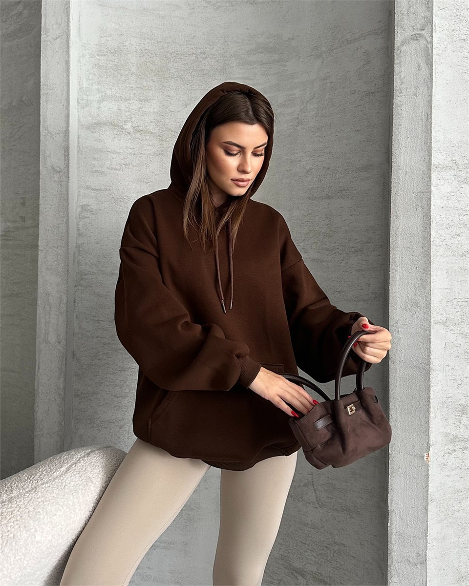 Unisex Kanguru Cepli Kapüşonlu Kahverengi Sweatshirt