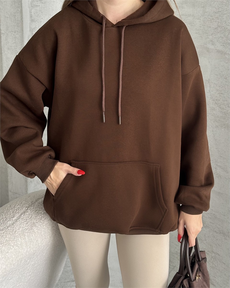 Unisex Kanguru Cepli Kapüşonlu Kahverengi Sweatshirt