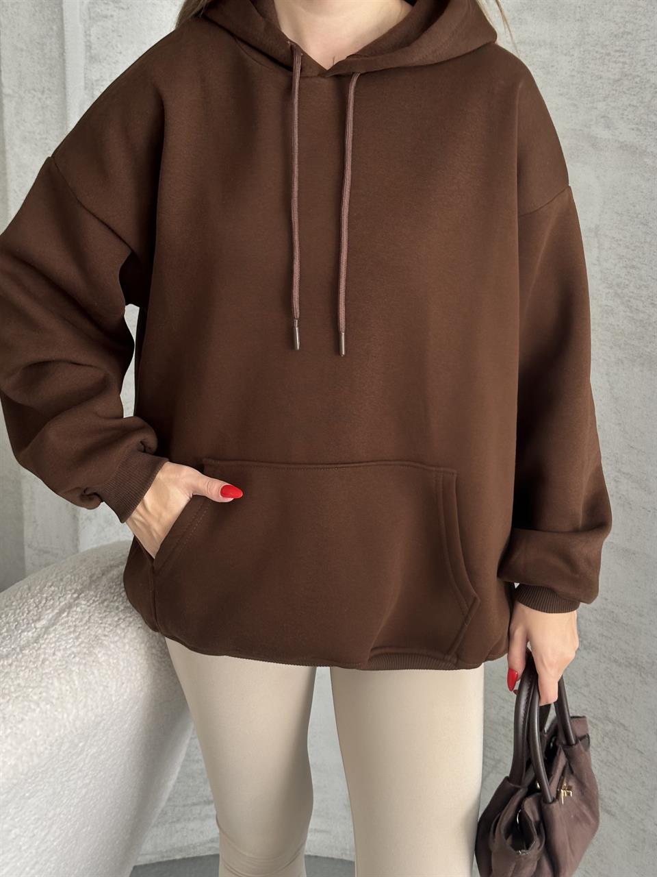 Unisex Kanguru Cepli Kapüşonlu Kahverengi Sweatshirt