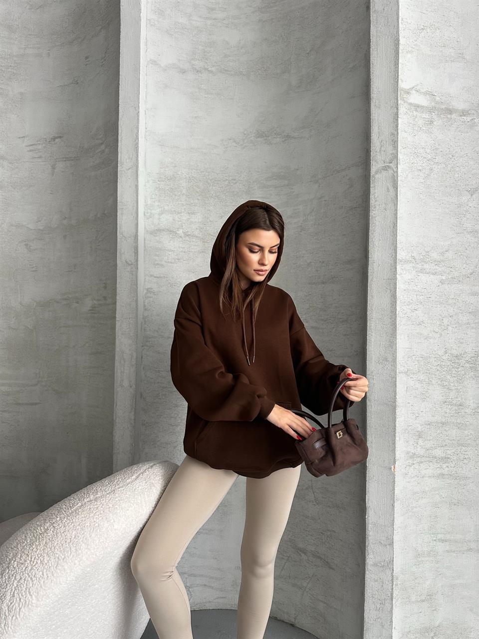 Unisex Kanguru Cepli Kapüşonlu Kahverengi Sweatshirt