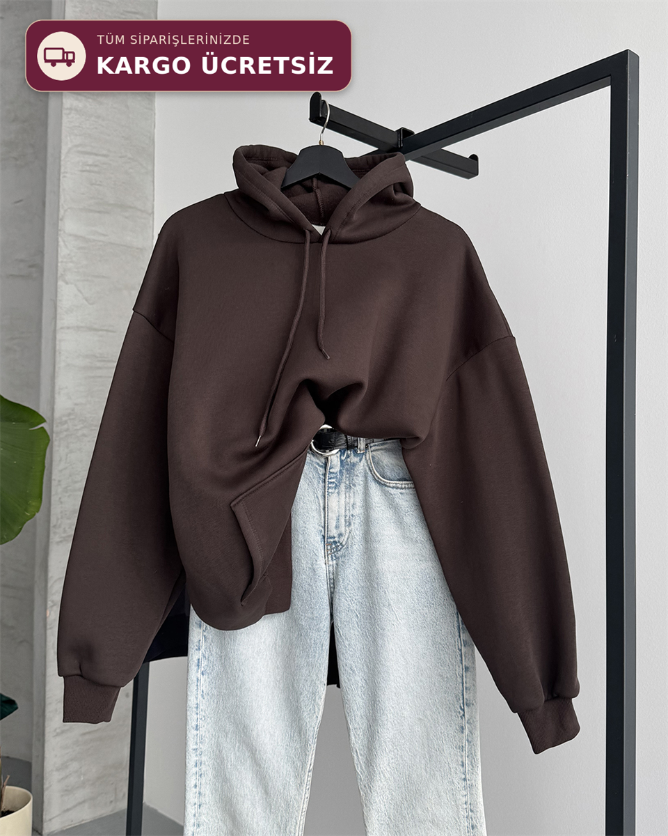 Unisex Kanguru Cepli Kapüşonlu Kahverengi Sweatshirt