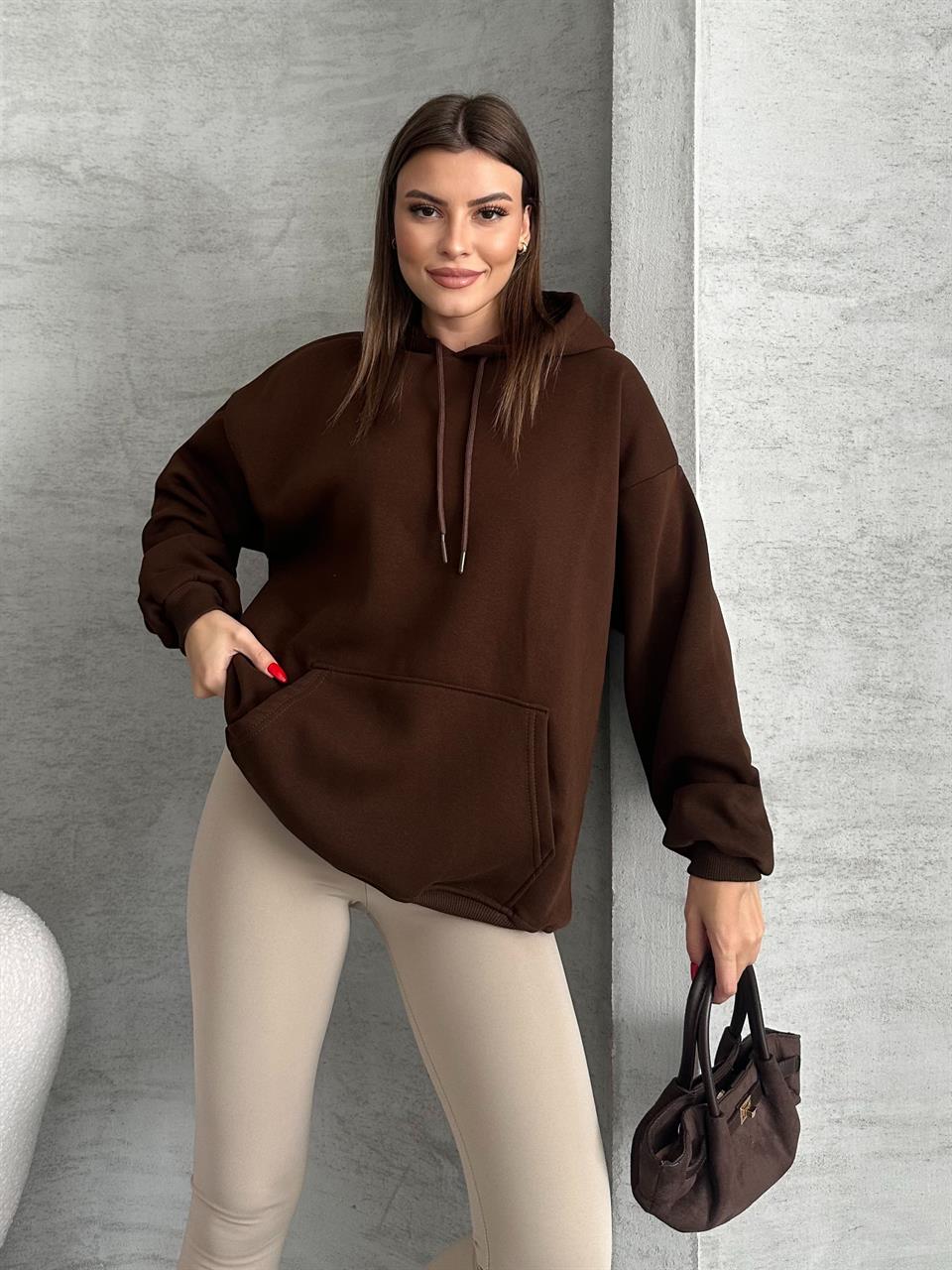 Unisex Kanguru Cepli Kapüşonlu Kahverengi Sweatshirt