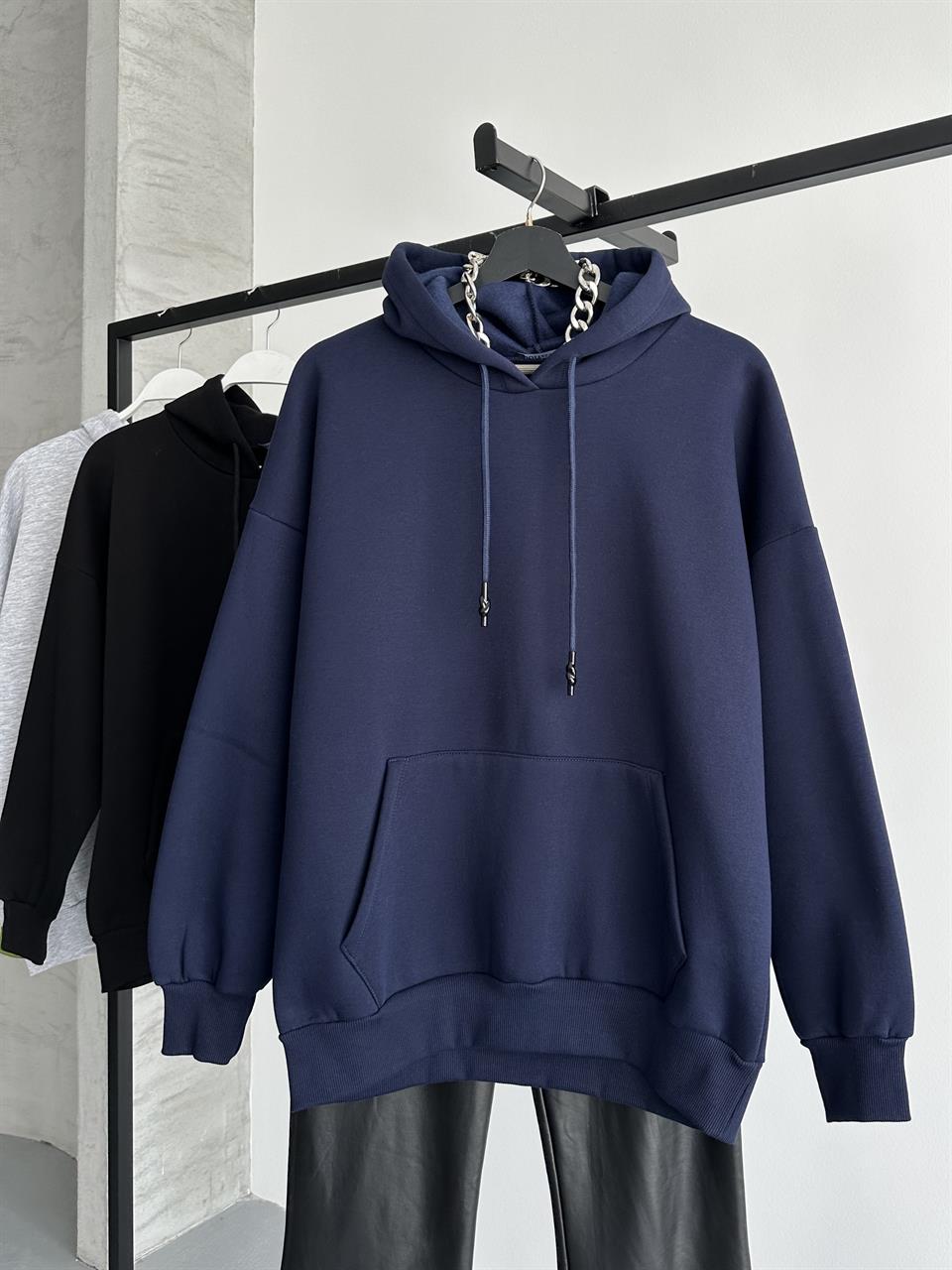 Unisex Kanguru Cepli Kapüşonlu Lacivert Sweatshirt