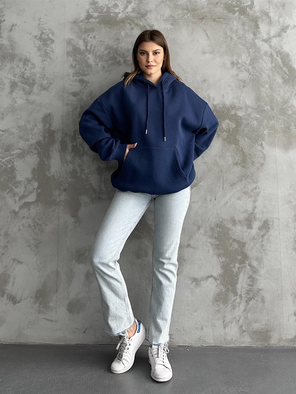 Unisex Kanguru Cepli Kapüşonlu Lacivert Sweatshirt