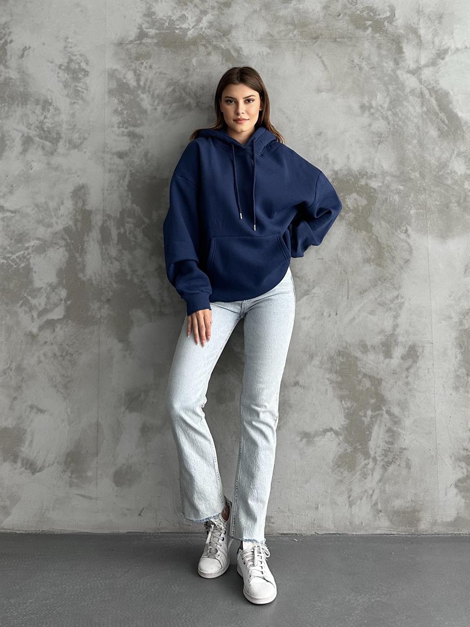 Unisex Kanguru Cepli Kapüşonlu Lacivert Sweatshirt