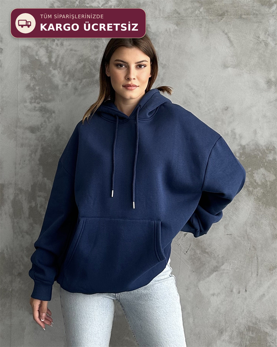 Unisex Kanguru Cepli Kapüşonlu Lacivert Sweatshirt