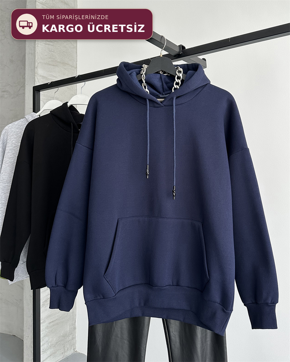 Unisex Kanguru Cepli Kapüşonlu Lacivert Sweatshirt