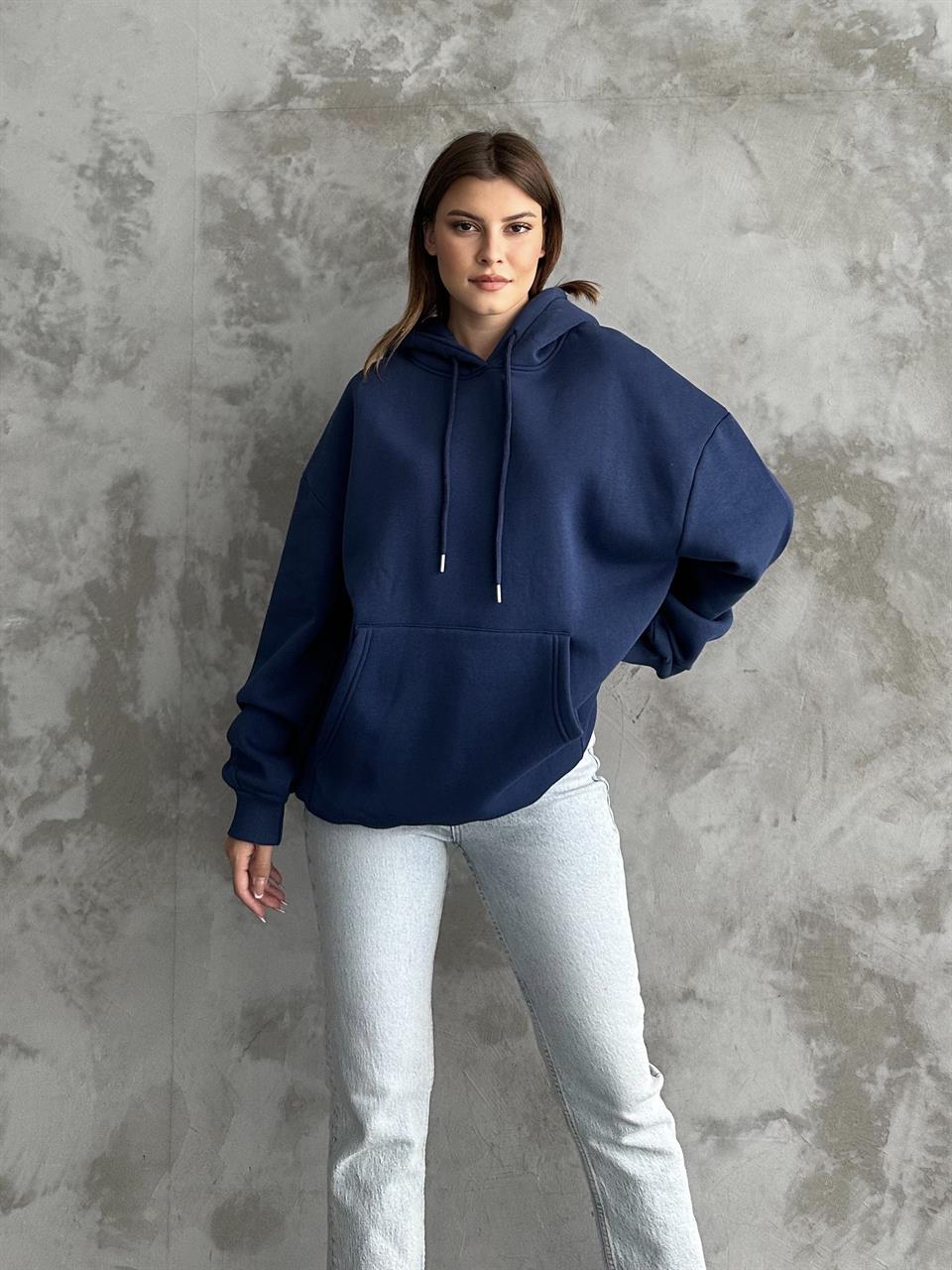 Unisex Kanguru Cepli Kapüşonlu Lacivert Sweatshirt