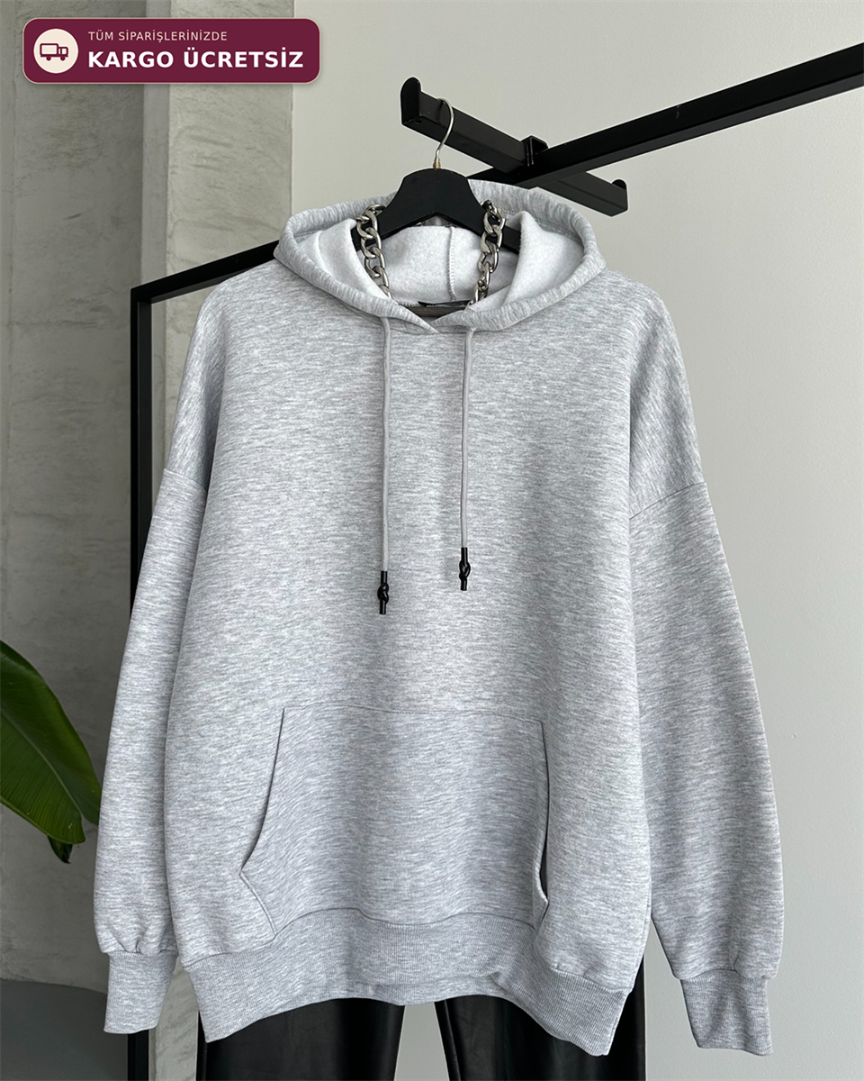 Unisex Kanguru Cepli Kapüşonlu Melanj Sweatshirt